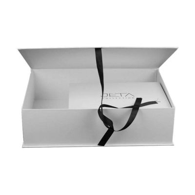 white flap foldable magnet Cloth Paper Box with black ribbon