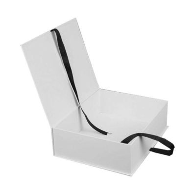 white flap foldable magnet Cloth Paper Box with black ribbon